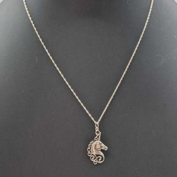 Vintage 1983 925 Sterling Silver Unicorn Pendant Charm Rope Chain 18" Necklace - Picture 7 of 8